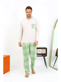 Akbeniz Pamuklu Uzun Kollu Ekoseli Krem Erkek Pijama Takımı Akbeniz 6861