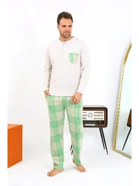 Akbeniz Pamuklu Uzun Kollu Ekoseli Krem Erkek Pijama Takımı Akbeniz 6861 - Alternatif Görünüm