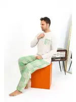 Pamuklu Uzun Kollu Ekoseli Krem Erkek Pijama Takımı Akbeniz 6861 Krem görsel 4