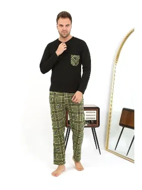 Akbeniz Yakası Düğmeli Uzun Kollu Penye Siyah Erkek Pijama Takımı Akbeniz 6861