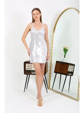 Akbeniz Kısa İp Askılı Parlak Kadın Gecelik Gri Akbeniz 7416