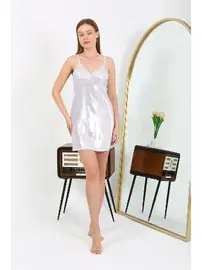 Akbeniz Kısa İp Askılı Parlak Kadın Gecelik Gri Akbeniz 7416