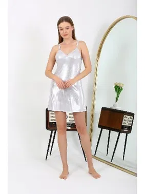 Akbeniz Kısa İp Askılı Parlak Kadın Gecelik Gri Akbeniz 7416 - Alternatif Görünüm