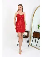 Kırmızı İp Askılı Kısa Parlak Kadın Gecelik Akbeniz 7416 detay görünüm