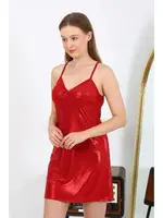 Kırmızı İp Askılı Kısa Parlak Kadın Gecelik Akbeniz 7416 farklı açı