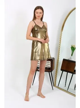 Akbeniz İp Askılı Kısa Parlak Kadın Gecelik Sarı Akbeniz 7416 - Alternatif Görünüm