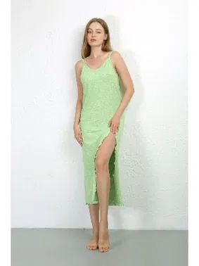 Akbeniz İp Askılı Derin Yırtmaçlı Penye Gecelik Akbeniz 90125