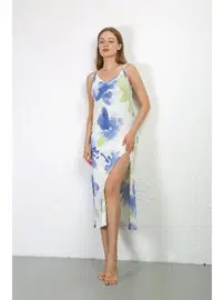 Akbeniz Uzun Yırtmaçlı İp Askılı Penye Gecelik Akbeniz 90128