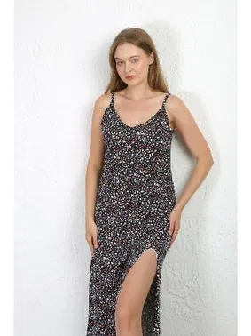 Akbeniz Lacivert İp Askılı Uzun Yırtmaçlı Penye Gecelik Akbeniz 90129