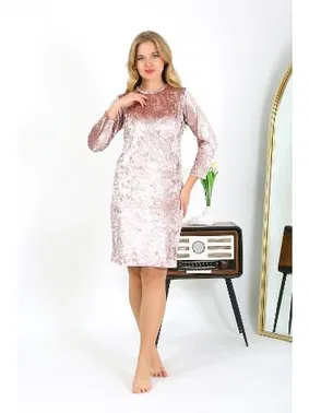 Akbeniz Uzun Kollu Kadife Kadın Ev Elbisesi Tunik Pudra Akbeniz 13133