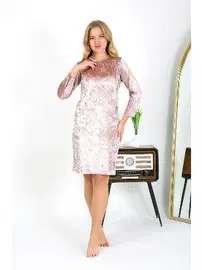 Akbeniz Uzun Kollu Kadife Kadın Ev Elbisesi Tunik Pudra Akbeniz 13133