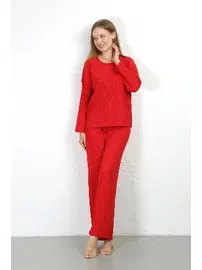 Akbeniz Uzun Kollu Bürümcük Kumaş Pijama Takım Kadın Kırmızı Akbeniz 4233