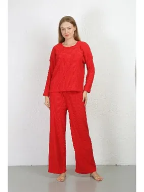 Akbeniz Uzun Kollu Bürümcük Kumaş Pijama Takım Kadın Kırmızı Akbeniz 4233 - Alternatif Görünüm
