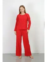 Uzun Kollu Bürümcük Kumaş Pijama Takım Kadın Kırmızı Akbeniz 4233 detay görünüm