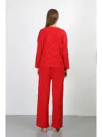 Uzun Kollu Bürümcük Kumaş Pijama Takım Kadın Kırmızı Akbeniz 4233 görsel 4