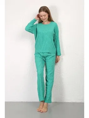 Akbeniz Uzun Kollu Pamuklu Bürümcük Kumaş Pijama Takım Yeşil Akbeniz 4233