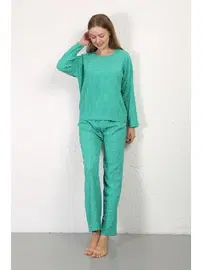 Akbeniz Uzun Kollu Pamuklu Bürümcük Kumaş Pijama Takım Yeşil Akbeniz 4233