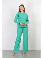 Uzun Kollu Pamuklu Bürümcük Kumaş Pijama Takım Yeşil Akbeniz 4233 Yeşil detay görünüm