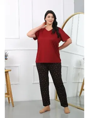 Akbeniz Büyük Beden Kısa Kol Penye Bordo Pijama Takımı Akbeniz 202406 - Alternatif Görünüm