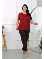 Büyük Beden Kısa Kol Penye Bordo Pijama Takımı Akbeniz 202406 Bordo farklı açı