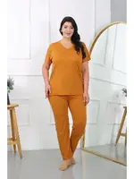 Büyük Beden Kısa Kol Penye Kadın Pijama Takımı Akbeniz 202405 Hardal detay görünüm