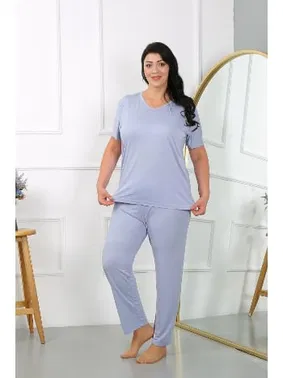 Akbeniz Kısa Kollu Kadın Büyük Beden Penye Pijama Takımı Lila Akbeniz 202405 - Alternatif Görünüm