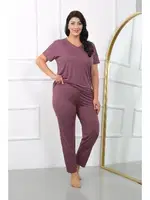 Büyük Beden Kısa Kollu Penye Kadın Pijama Takımı Akbeniz 202405 Mürdüm görsel 4