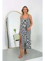 Ekoseli Büyük Beden İp Askılı Pamuk Uzun Kadın Gecelik Akbeniz 12108 Gri