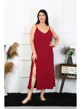 Akbeniz Akbeniz Kadın Büyük Beden İp Askılı Pamuklu Bordo Uzun Gecelik 12100