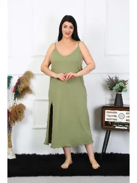 Akbeniz Büyük Beden İp Askılı Pamuklu Haki Uzun Gecelik Akbeniz 12100