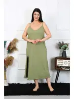 Büyük Beden İp Askılı Pamuklu Haki Uzun Gecelik Akbeniz 12100