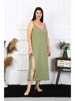 Büyük Beden İp Askılı Pamuklu Haki Uzun Gecelik Akbeniz 12100 detay görünüm