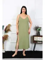 Büyük Beden İp Askılı Pamuklu Haki Uzun Gecelik Akbeniz 12100 görsel 4