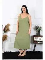 Büyük Beden İp Askılı Pamuklu Haki Uzun Gecelik Akbeniz 12100 görsel 5