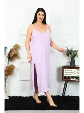 Akbeniz Yırtmaçlı Büyük Beden İp Askılı Pamuklu Lila Uzun Gecelik Akbeniz 12100