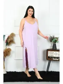 Akbeniz Yırtmaçlı Büyük Beden İp Askılı Pamuklu Lila Uzun Gecelik Akbeniz 12100