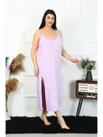 Yırtmaçlı Büyük Beden İp Askılı Pamuklu Lila Uzun Gecelik Akbeniz 12100 Lila