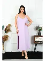 Yırtmaçlı Büyük Beden İp Askılı Pamuklu Lila Uzun Gecelik Akbeniz 12100 Lila farklı açı