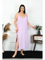 Yırtmaçlı Büyük Beden İp Askılı Pamuklu Lila Uzun Gecelik Akbeniz 12100 Lila görsel 4