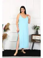 Büyük Beden İp Askılı Pamuklu Mavi Uzun Gecelik Akbeniz 12100 Mavi