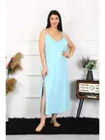 Büyük Beden İp Askılı Pamuklu Mavi Uzun Gecelik Akbeniz 12100 Mavi görsel 5