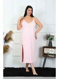 Akbeniz İp Askılı Büyük Beden Pamuklu Pembe Uzun Gecelik Akbeniz 12100
