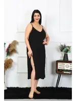 Büyük Beden İp Askılı Pamuklu Siyah Uzun Gecelik Akbeniz 12100 Siyah