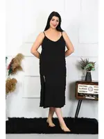 Büyük Beden İp Askılı Pamuklu Siyah Uzun Gecelik Akbeniz 12100 Siyah görsel 5