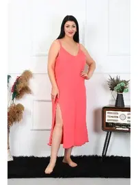 Akbeniz Büyük Beden İp Askılı Yırtmaçlı Somon Uzun Gecelik Akbeniz12100