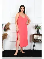 Büyük Beden İp Askılı Yırtmaçlı Somon Uzun Gecelik Akbeniz12100 Somon