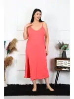 Büyük Beden İp Askılı Yırtmaçlı Somon Uzun Gecelik Akbeniz12100 Somon görsel 4