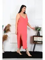 Büyük Beden İp Askılı Yırtmaçlı Somon Uzun Gecelik Akbeniz12100 Somon görsel 5