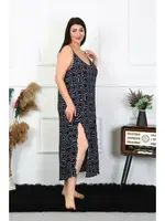 Büyük Beden İp Askılı Kadın Pamuklu Uzun Gecelik Akbeniz 12101 Siyah