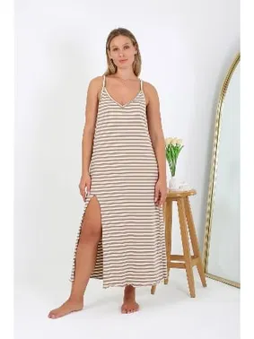Akbeniz Çizgili Pamuklu Kadın Büyük Beden İp Askılı Uzun Gecelik Akbeniz 12109